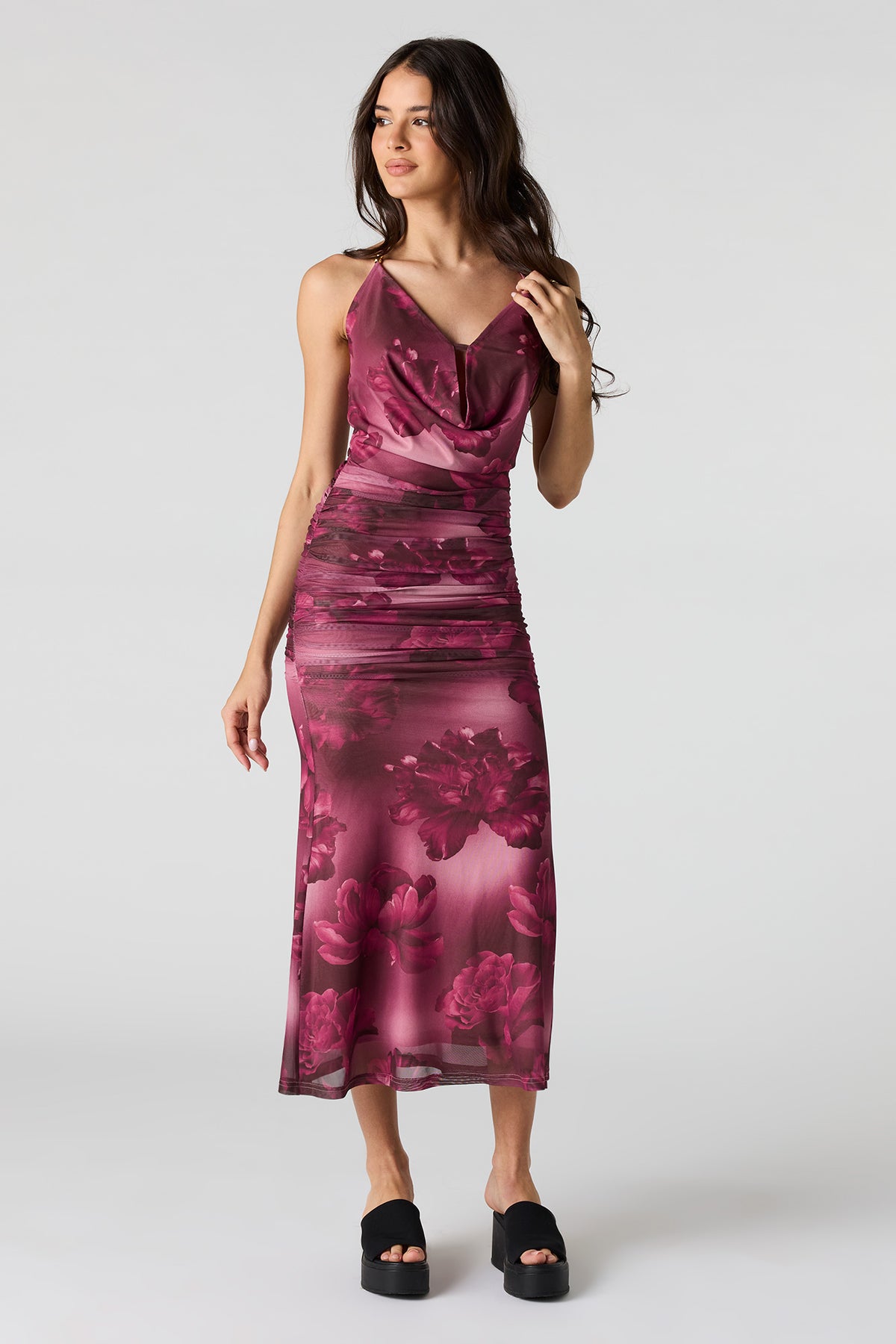 Mesh Cowl Neck Ruched Midi Dress - Magenta