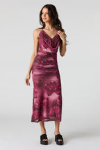 Mesh Cowl Neck Ruched Midi Dress