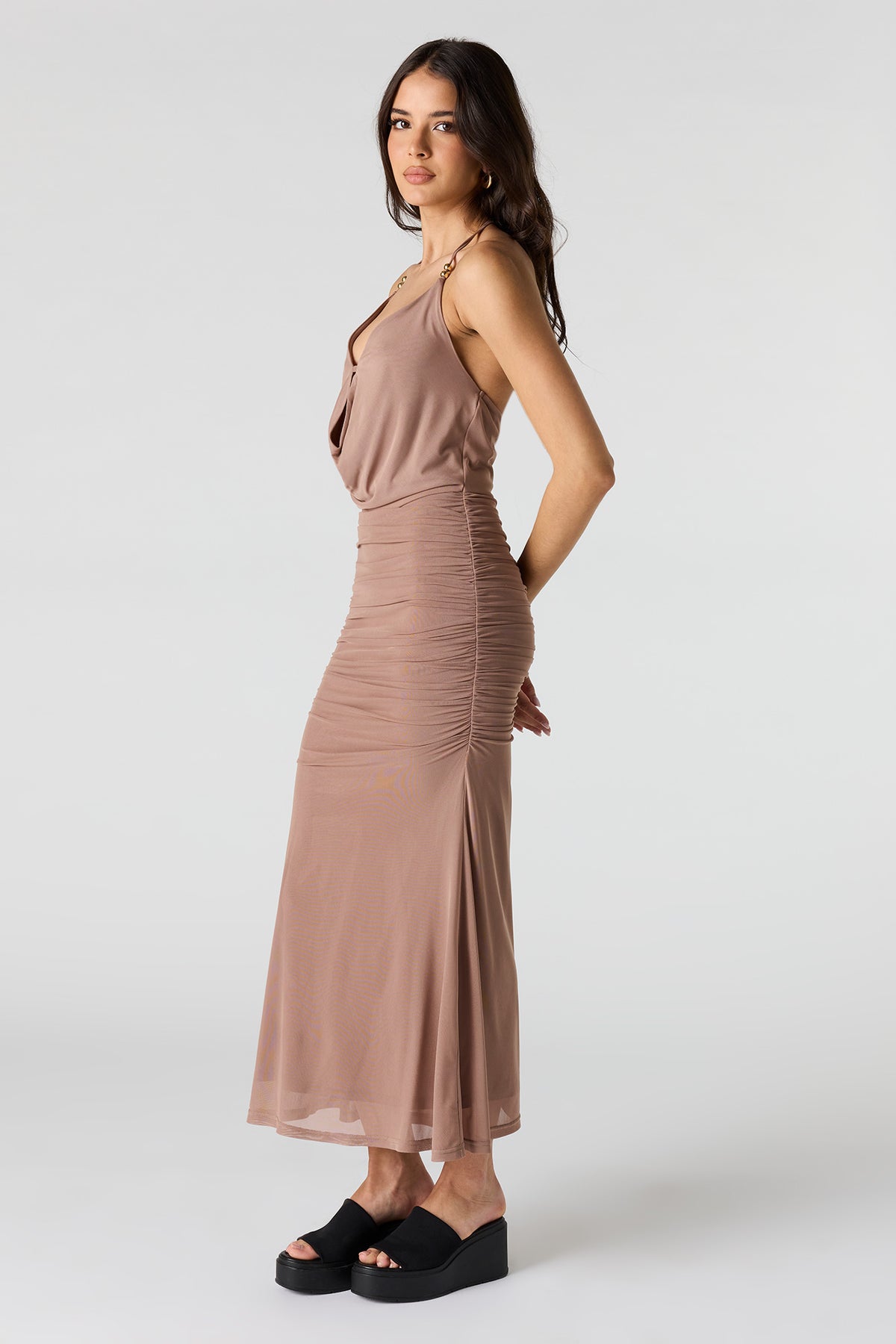 Alt View 2. Mesh Cowl Neck Ruched Midi Dress - Taupe