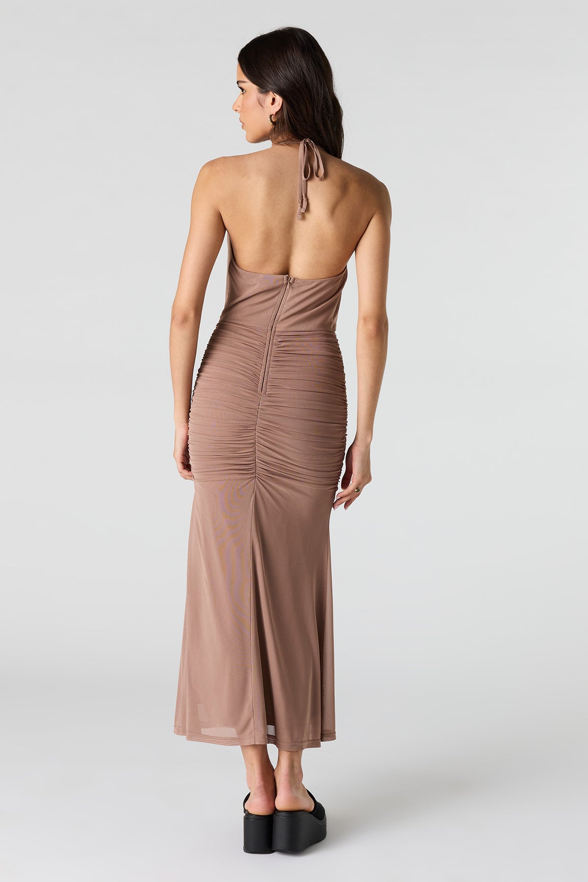 Alt View 3. Mesh Cowl Neck Ruched Midi Dress - Taupe