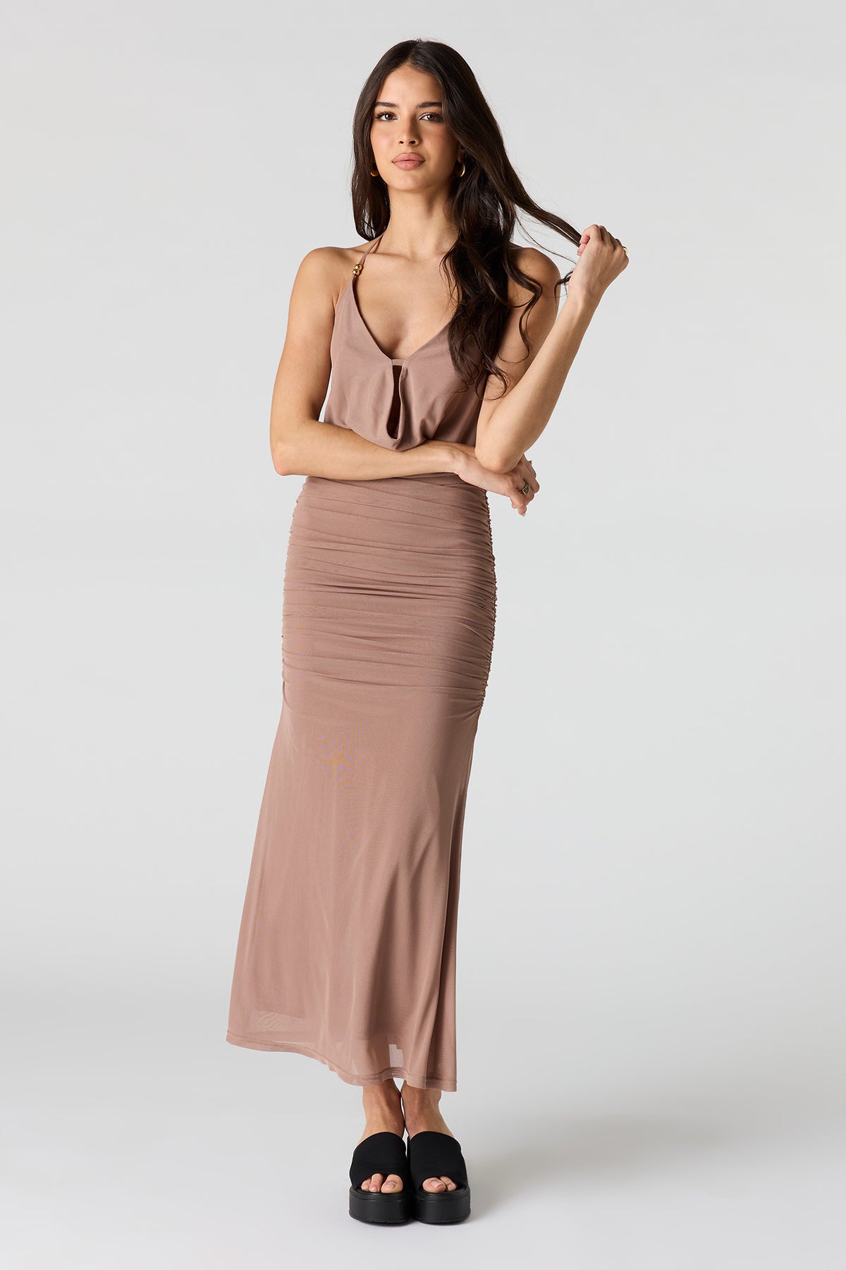 Mesh Cowl Neck Ruched Midi Dress - Taupe