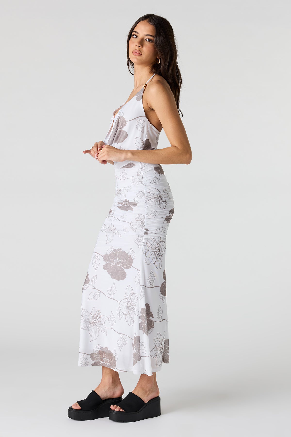 Alt View 2. Mesh Cowl Neck Ruched Midi Dress - White