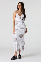 Mesh Cowl Neck Ruched Midi Dress