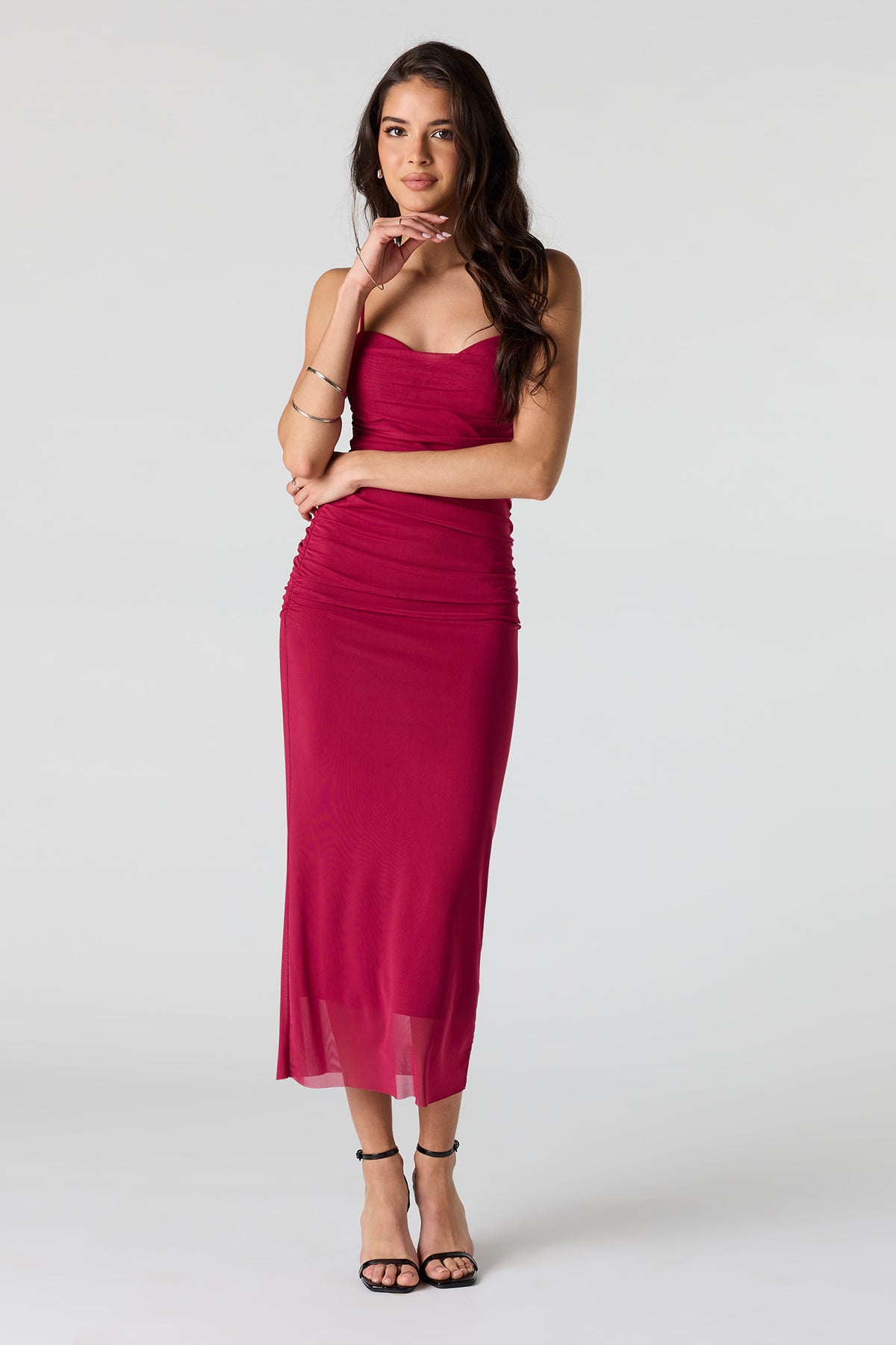 Mesh Ruched Bustier Midi Dress - Fuchsia