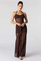 Robe bain-de-soleil maxi volantée ruchée en filet