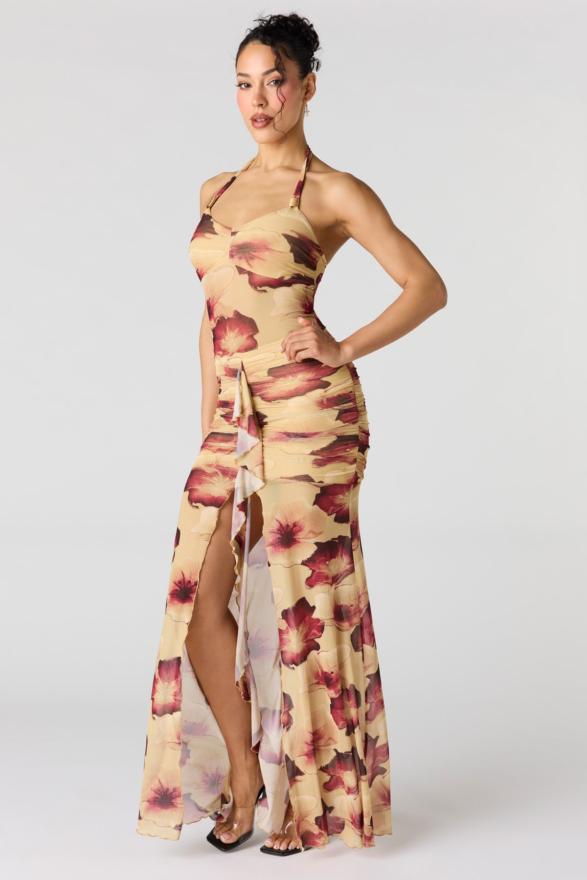 Alt View 2. Mesh Ruffle Ruched Maxi Halter Dress - Orange