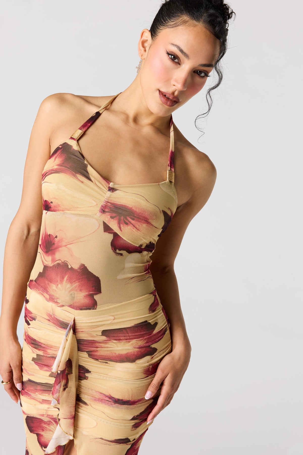 Alt View 4. Mesh Ruffle Ruched Maxi Halter Dress - Orange