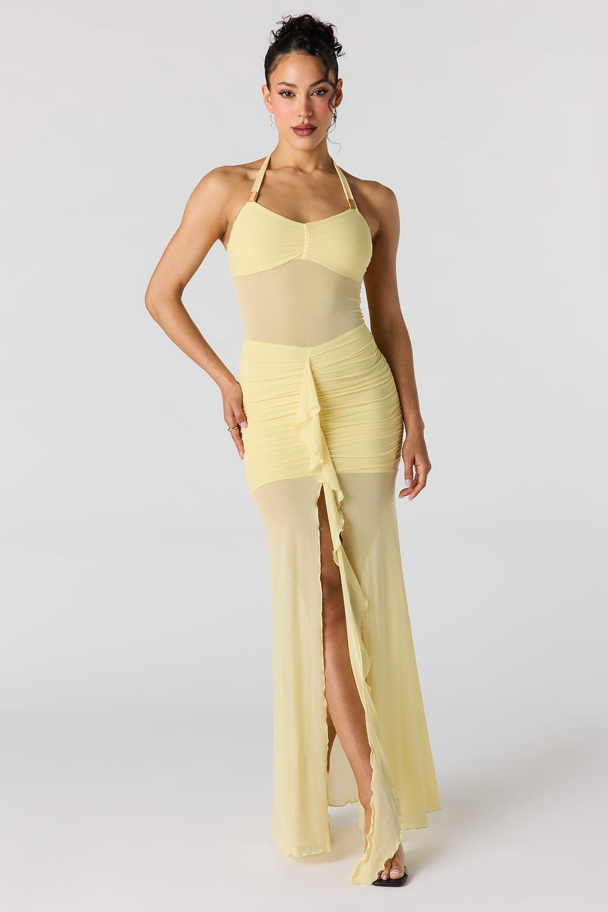 Alt View 4. Mesh Ruffle Ruched Maxi Halter Dress - Yellow