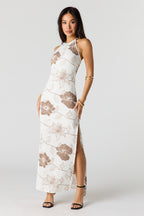 Textured Halter Slit Midi Dress