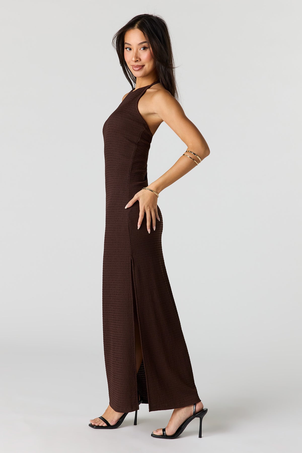 Alt View 2. Textured Halter Slit Midi Dress - Brown