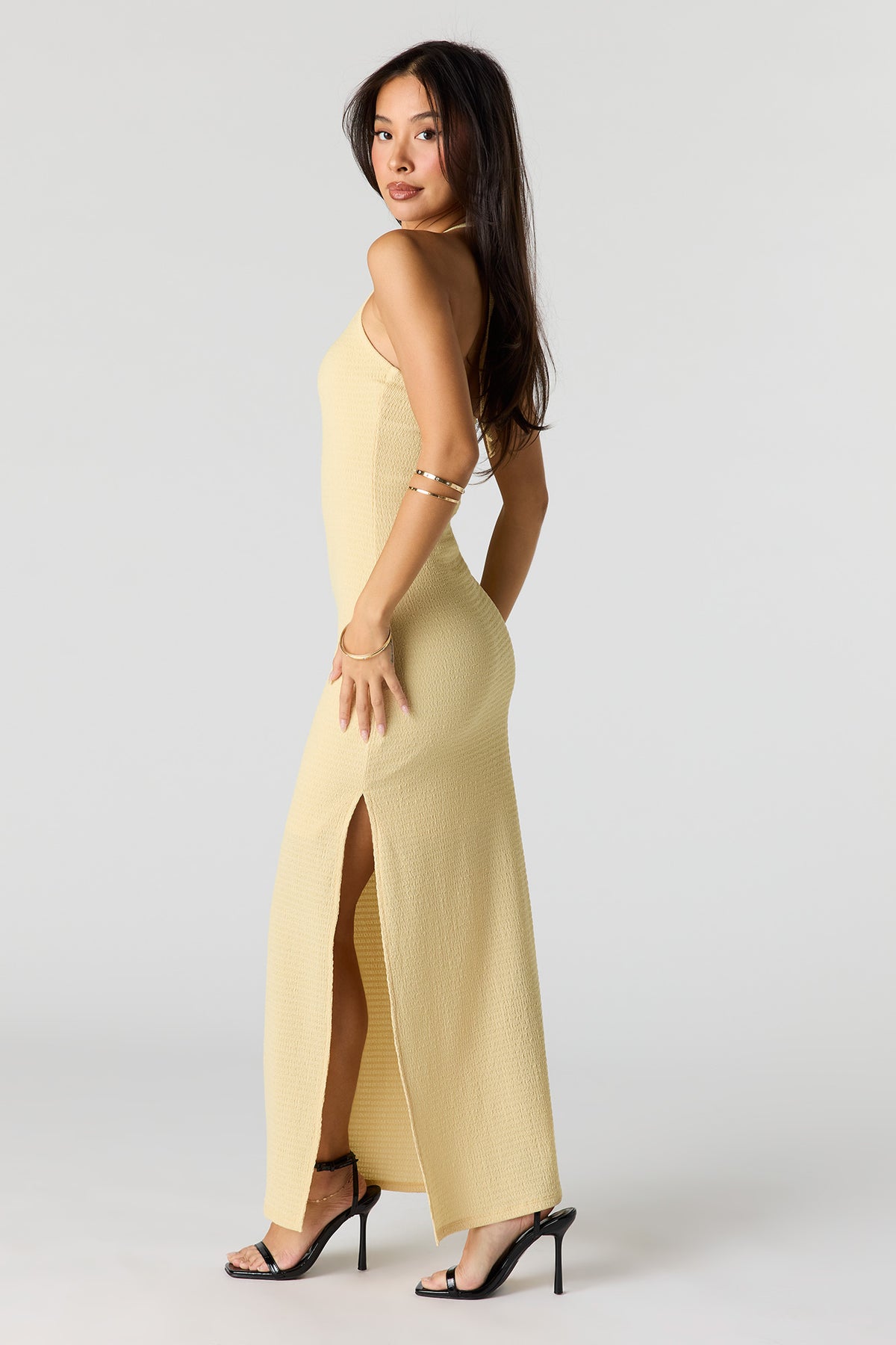 Alt View 2. Textured Halter Slit Midi Dress - Yellow