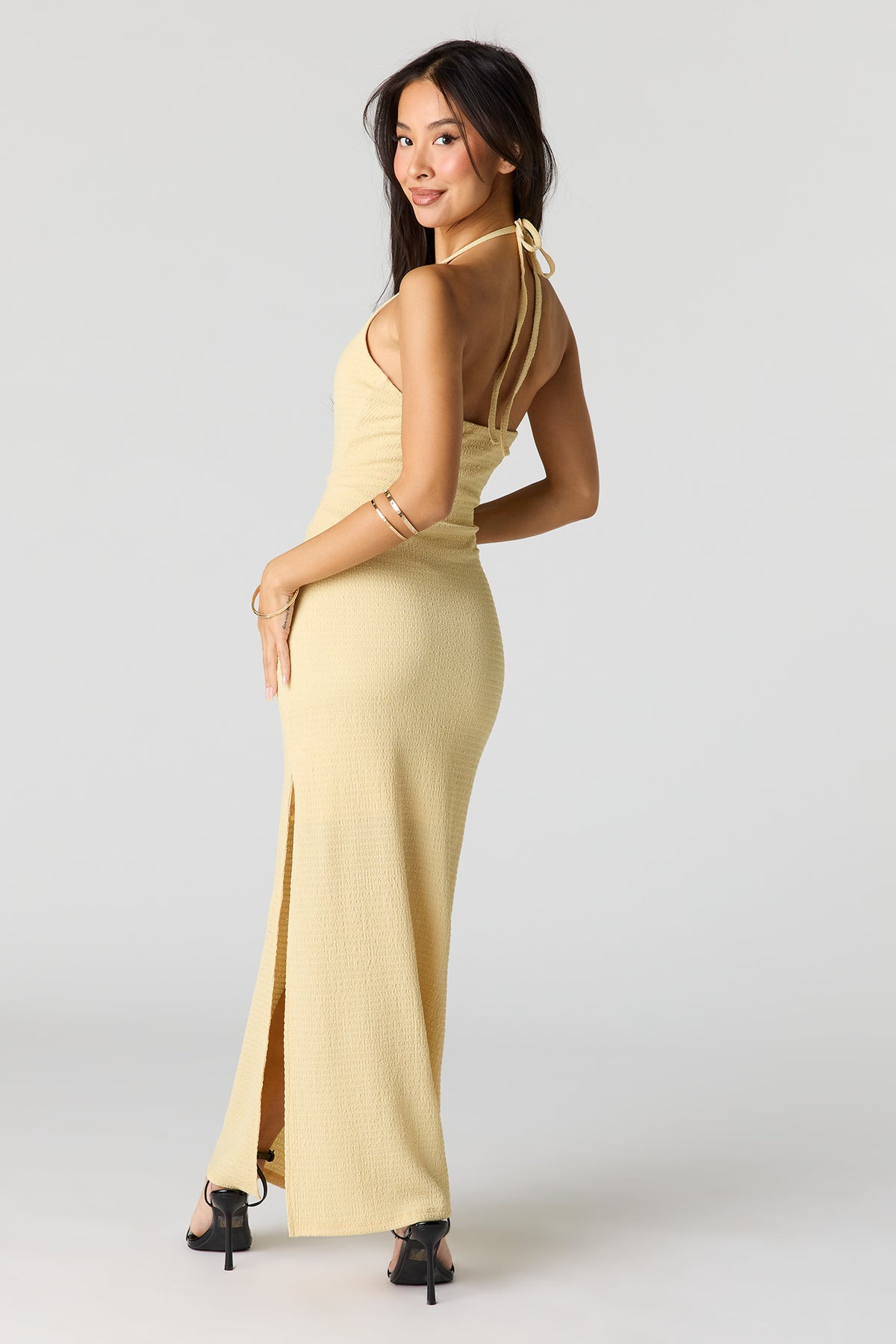 Alt View 3. Textured Halter Slit Midi Dress - Yellow