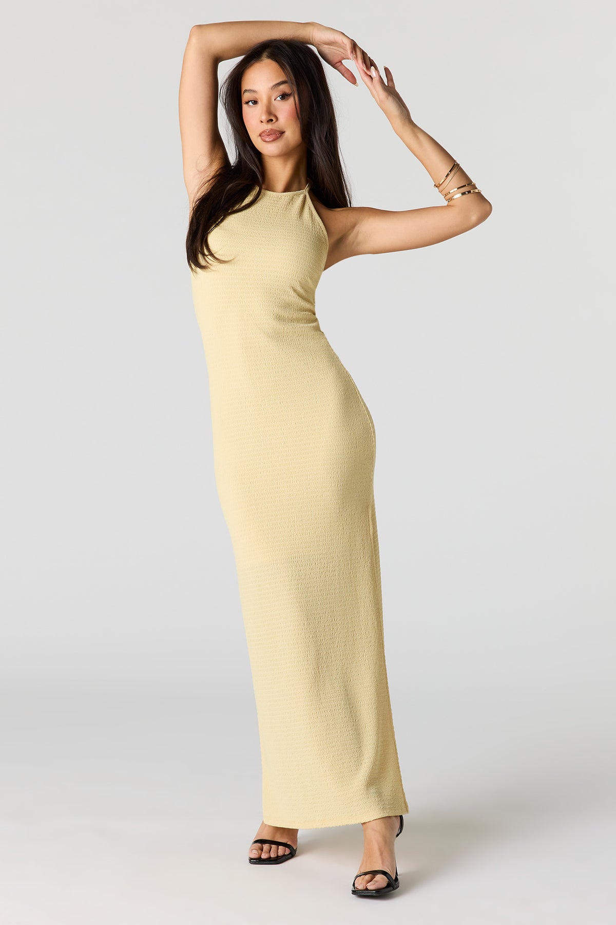 Textured Halter Slit Midi Dress - Yellow