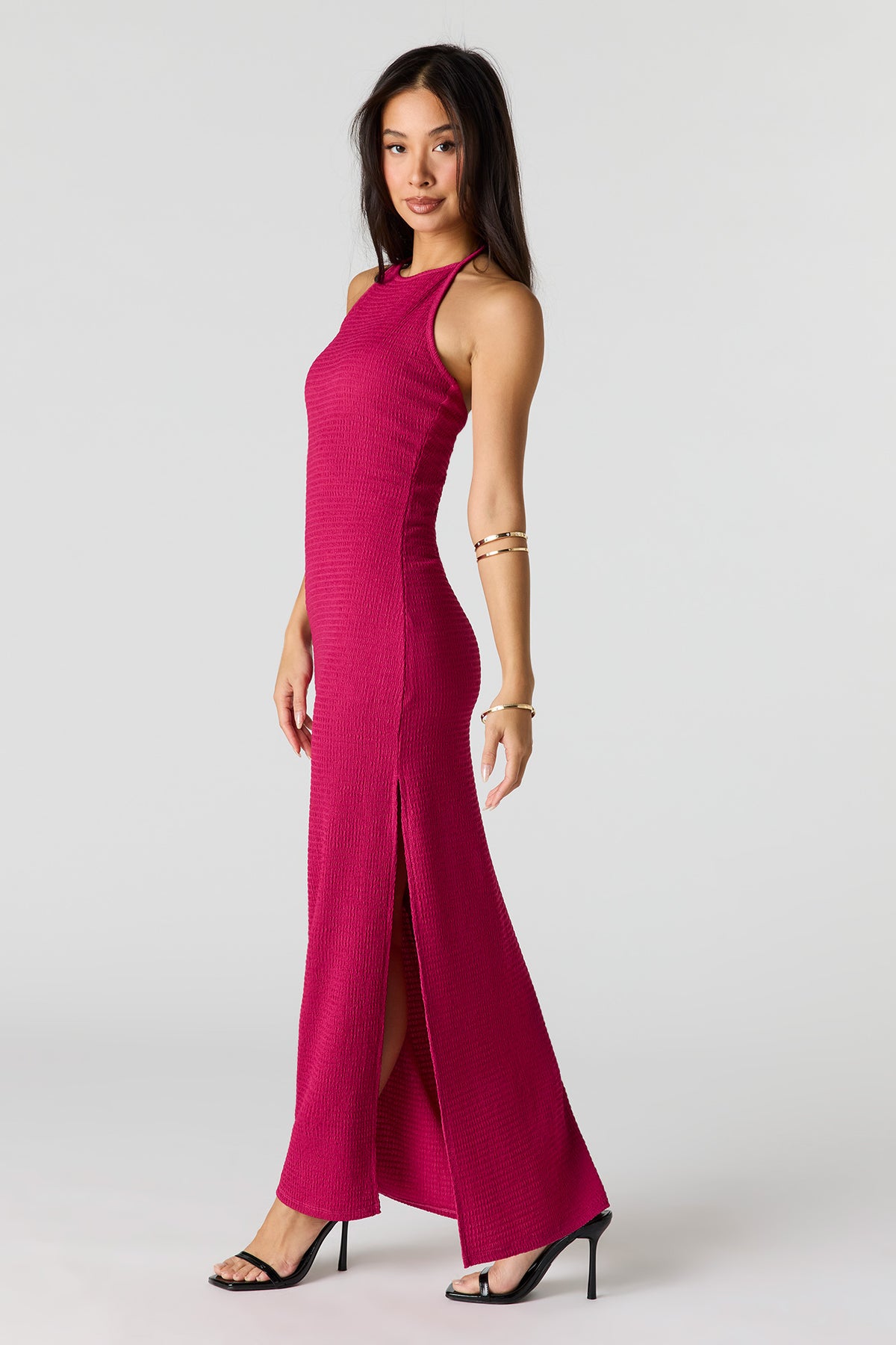 Alt View 2. Textured Halter Slit Midi Dress - Fuchsia