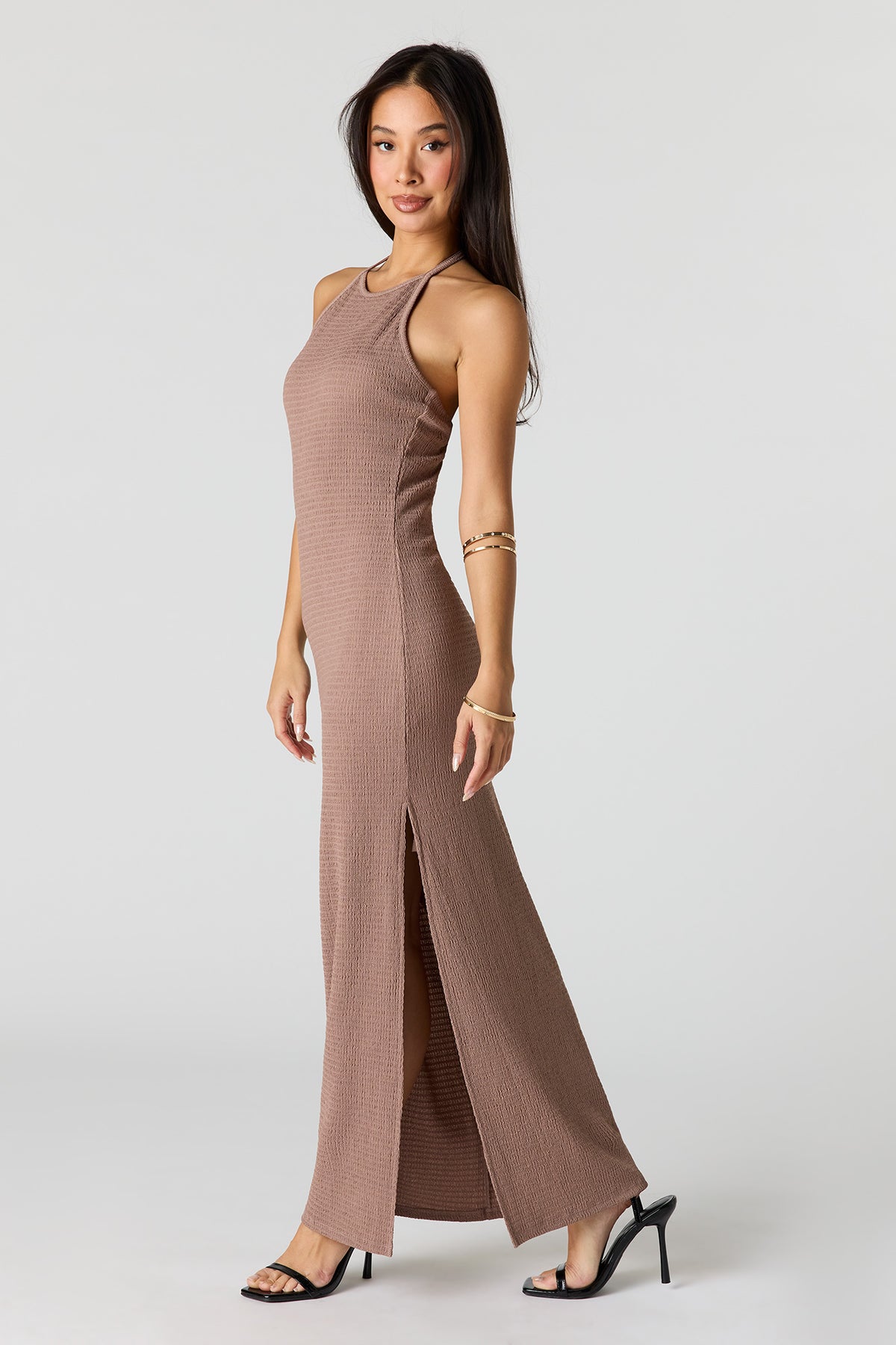 Alt View 2. Textured Halter Slit Midi Dress - Taupe