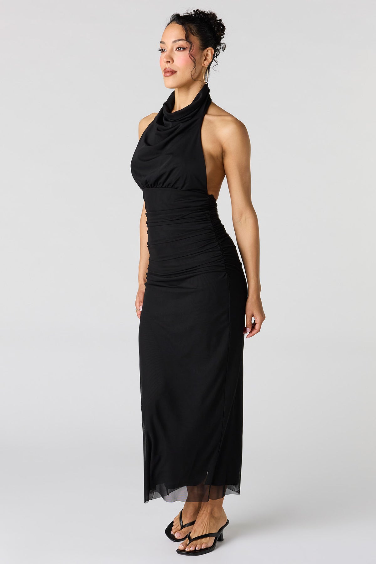 Alt View 2. Mesh Cowl Neck Maxi Halter Dress - Black