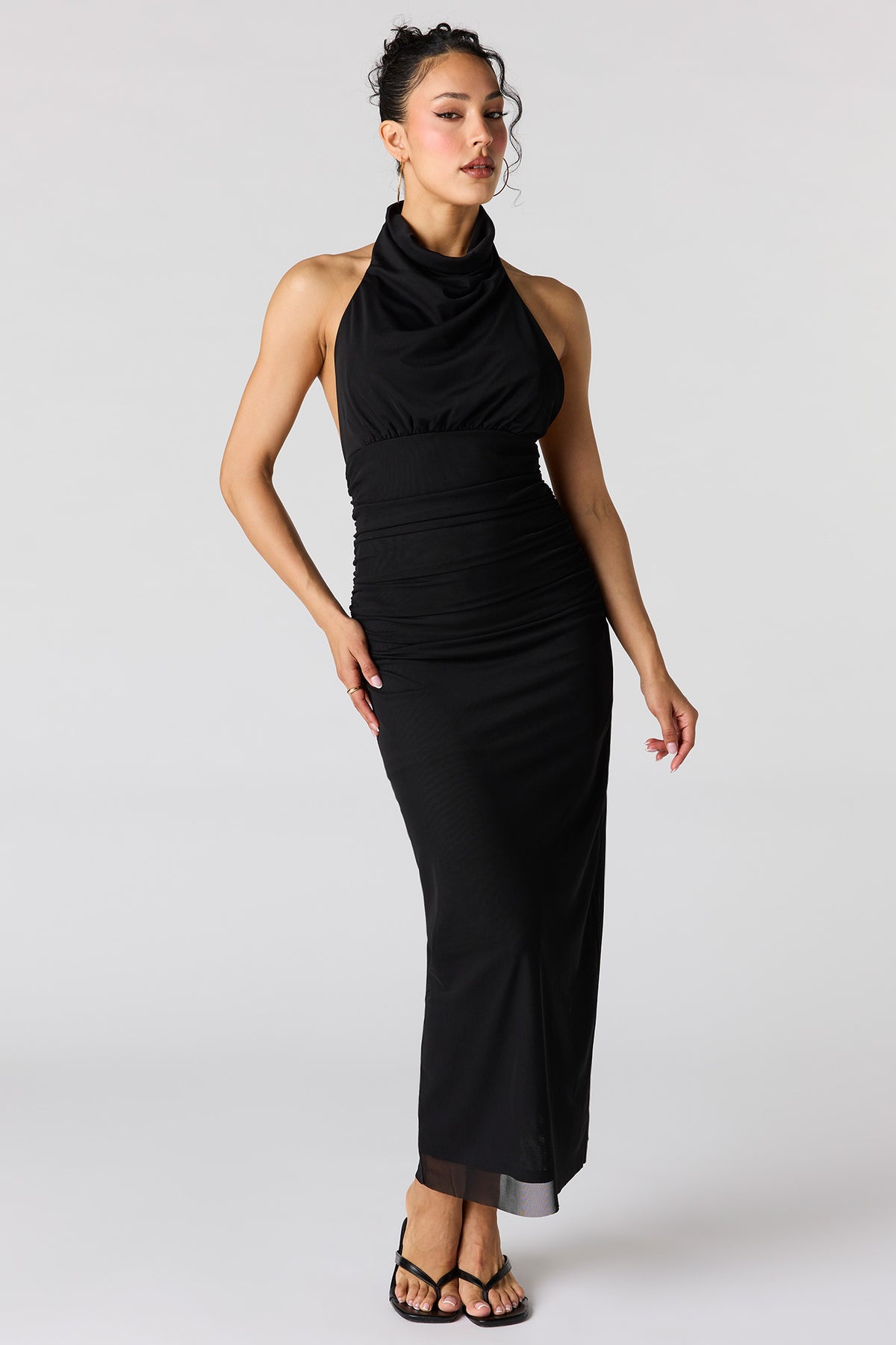 Mesh Cowl Neck Maxi Halter Dress - Black