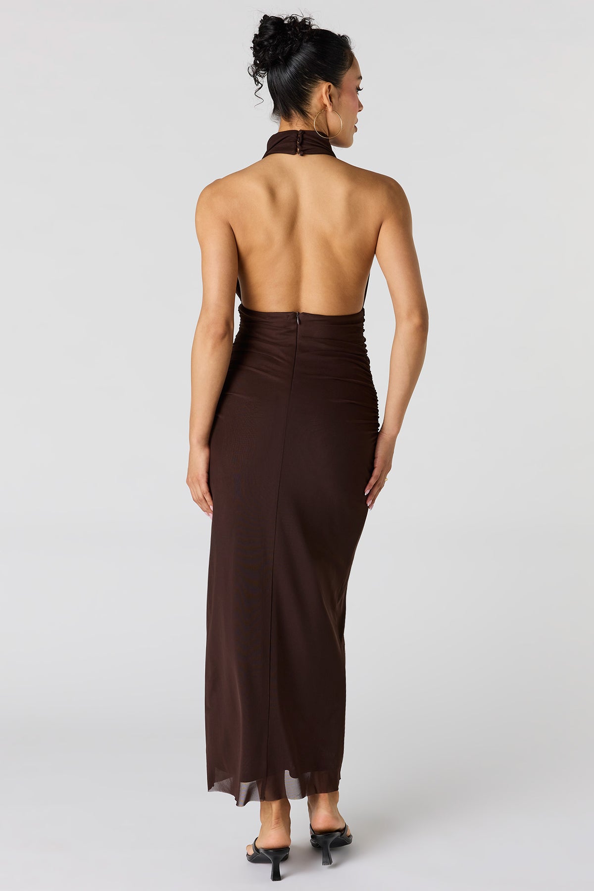 Alt View 3. Mesh Cowl Neck Maxi Halter Dress - Brown