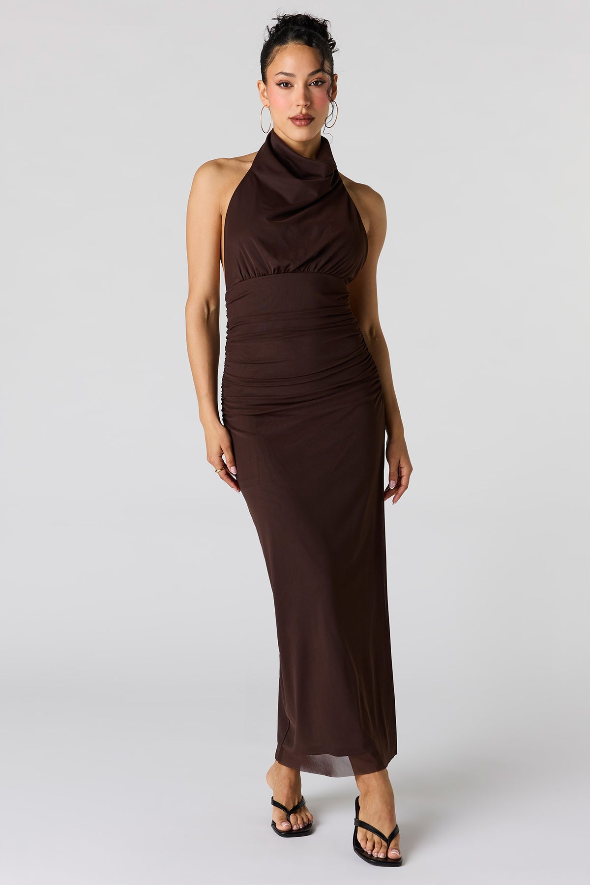 Mesh Cowl Neck Maxi Halter Dress - Brown