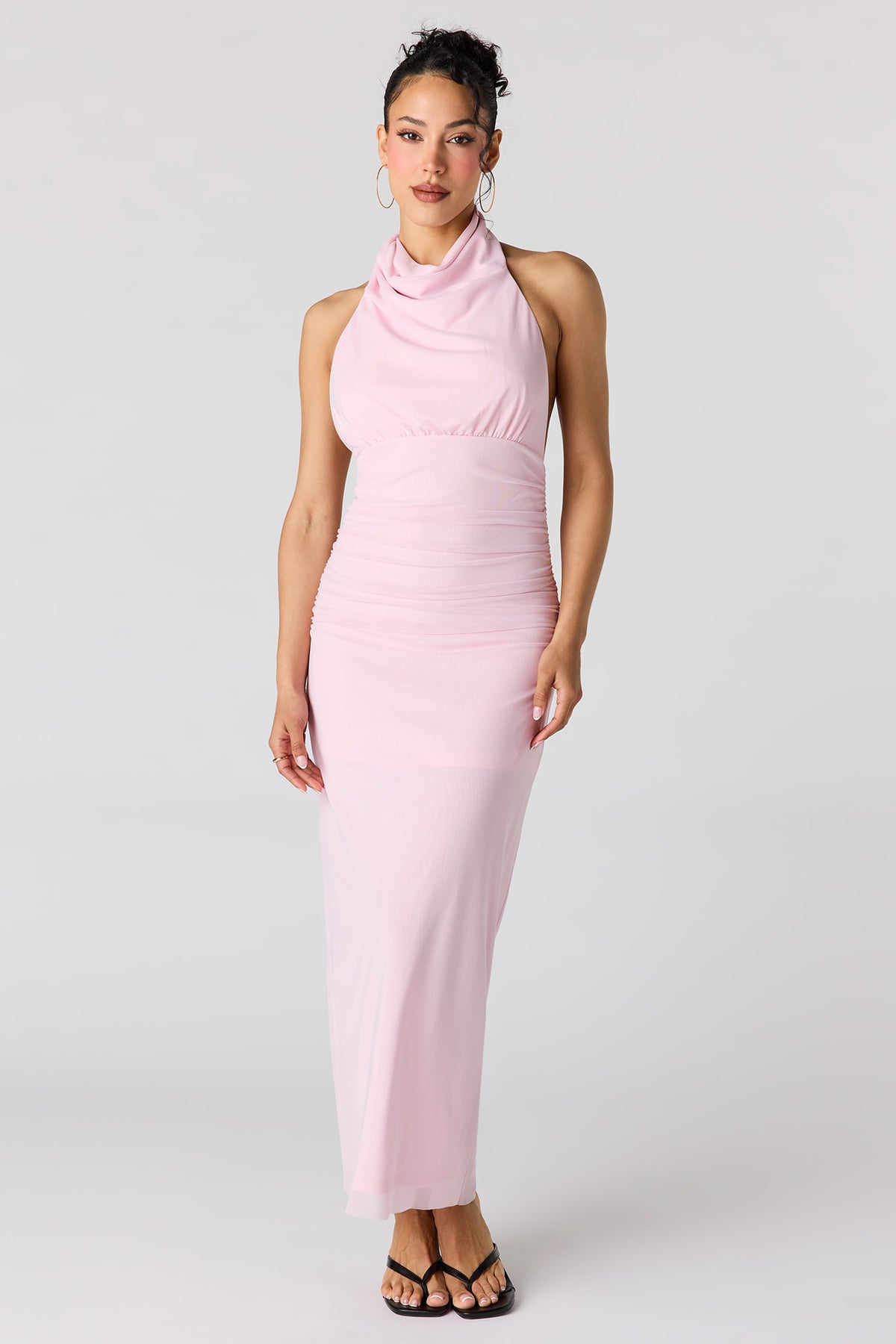 Mesh Cowl Neck Maxi Halter Dress - Lilac