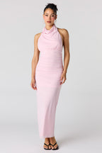 Mesh Cowl Neck Maxi Halter Dress