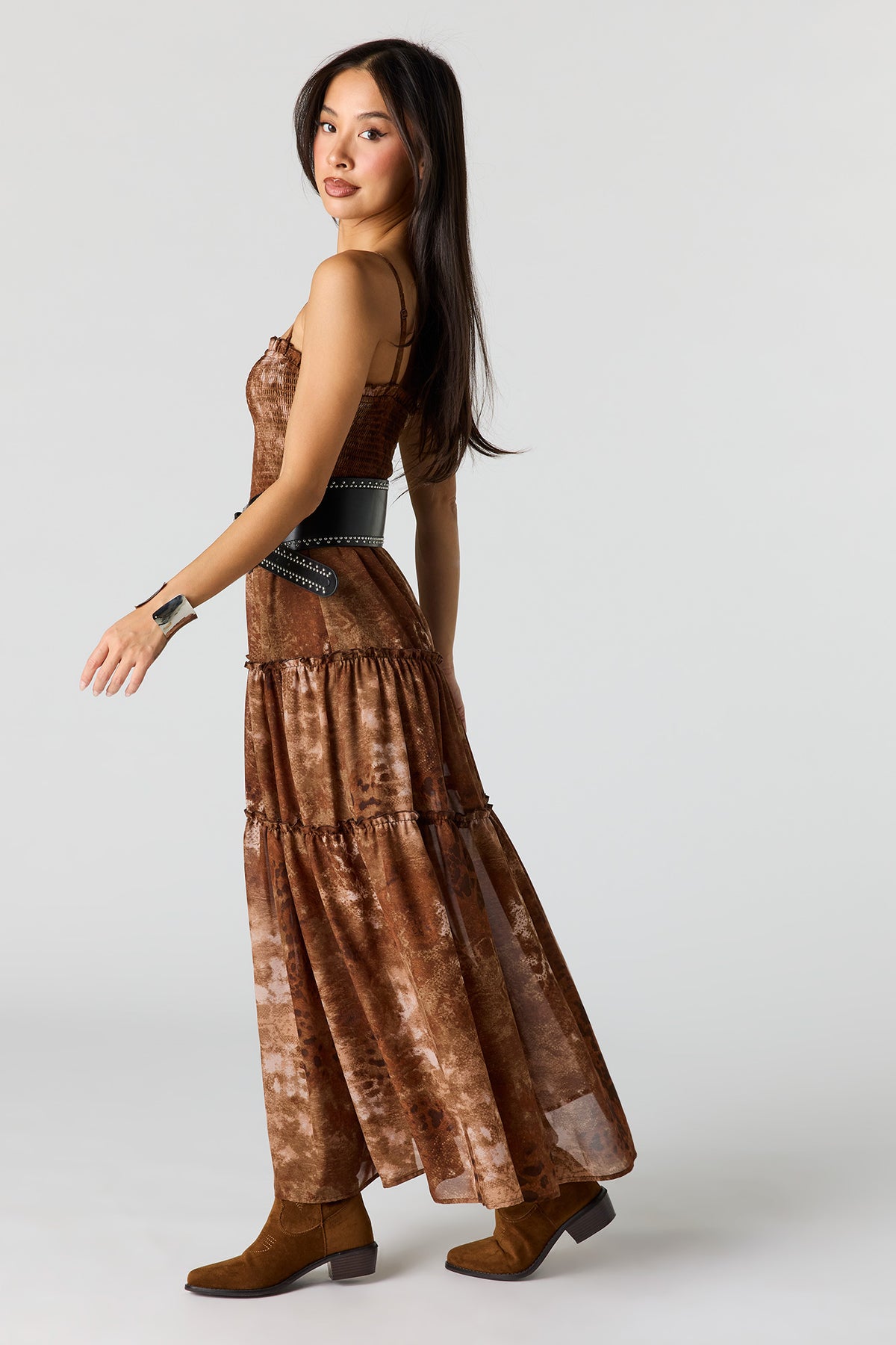 Alt View 2. Chiffon Smocked Tiered Slit Maxi Dress - Brown