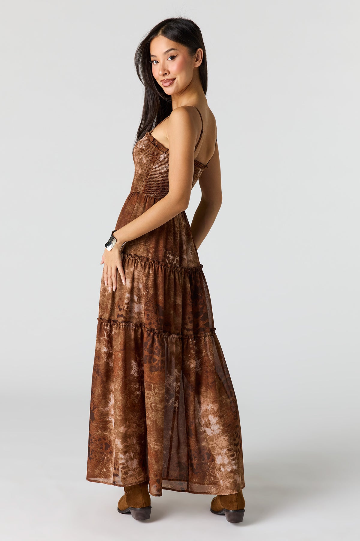 Alt View 3. Chiffon Smocked Tiered Slit Maxi Dress - Brown