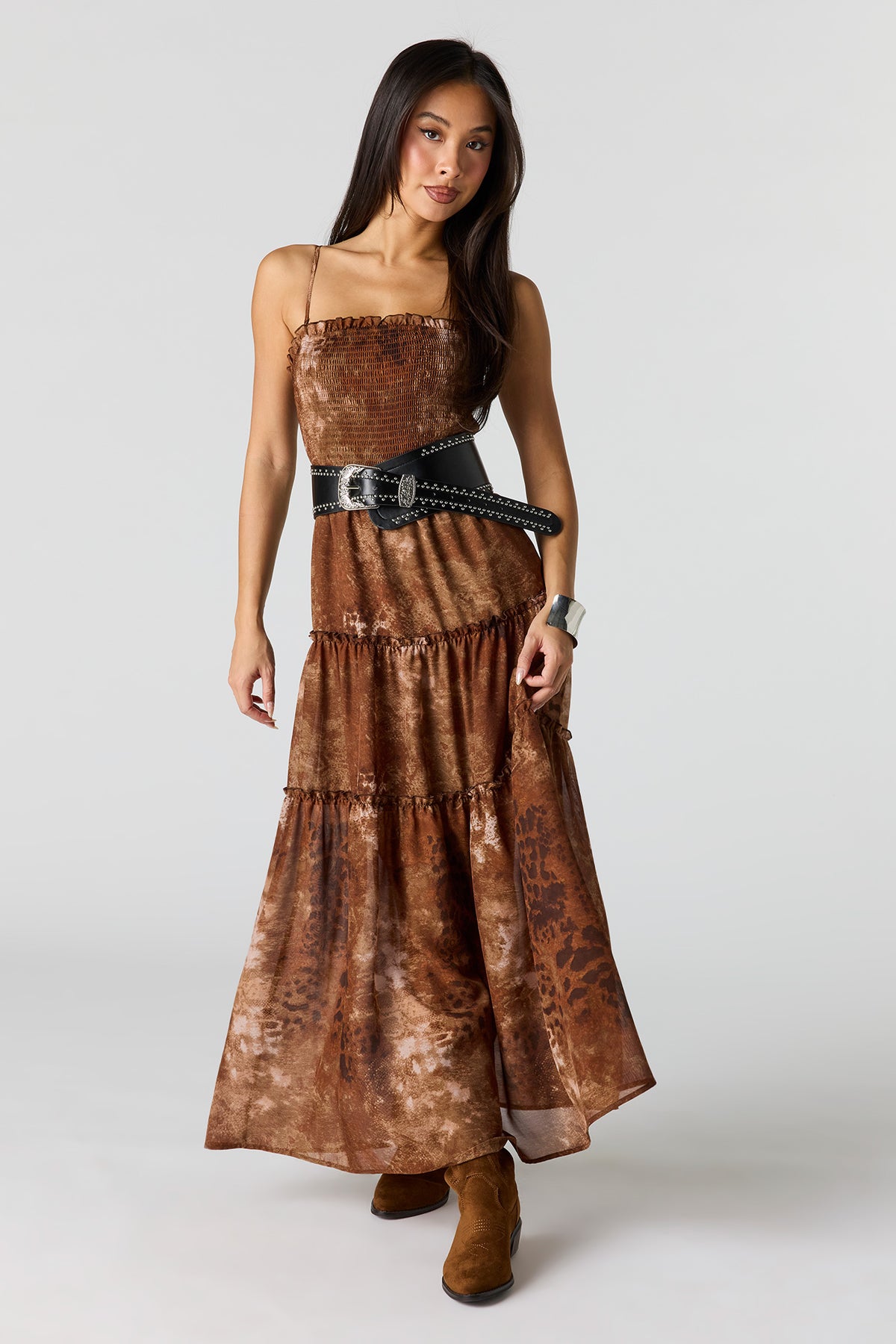 Alt View 4. Chiffon Smocked Tiered Slit Maxi Dress - Brown