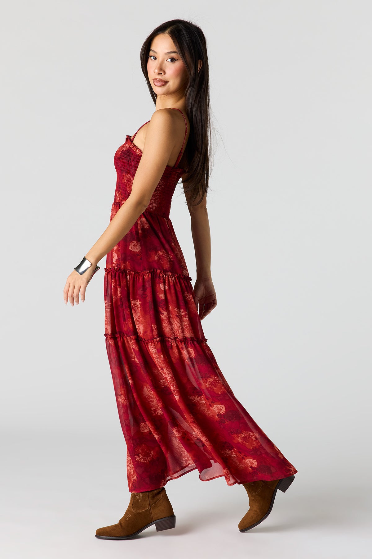 Alt View 2. Chiffon Smocked Tiered Slit Maxi Dress - Wine
