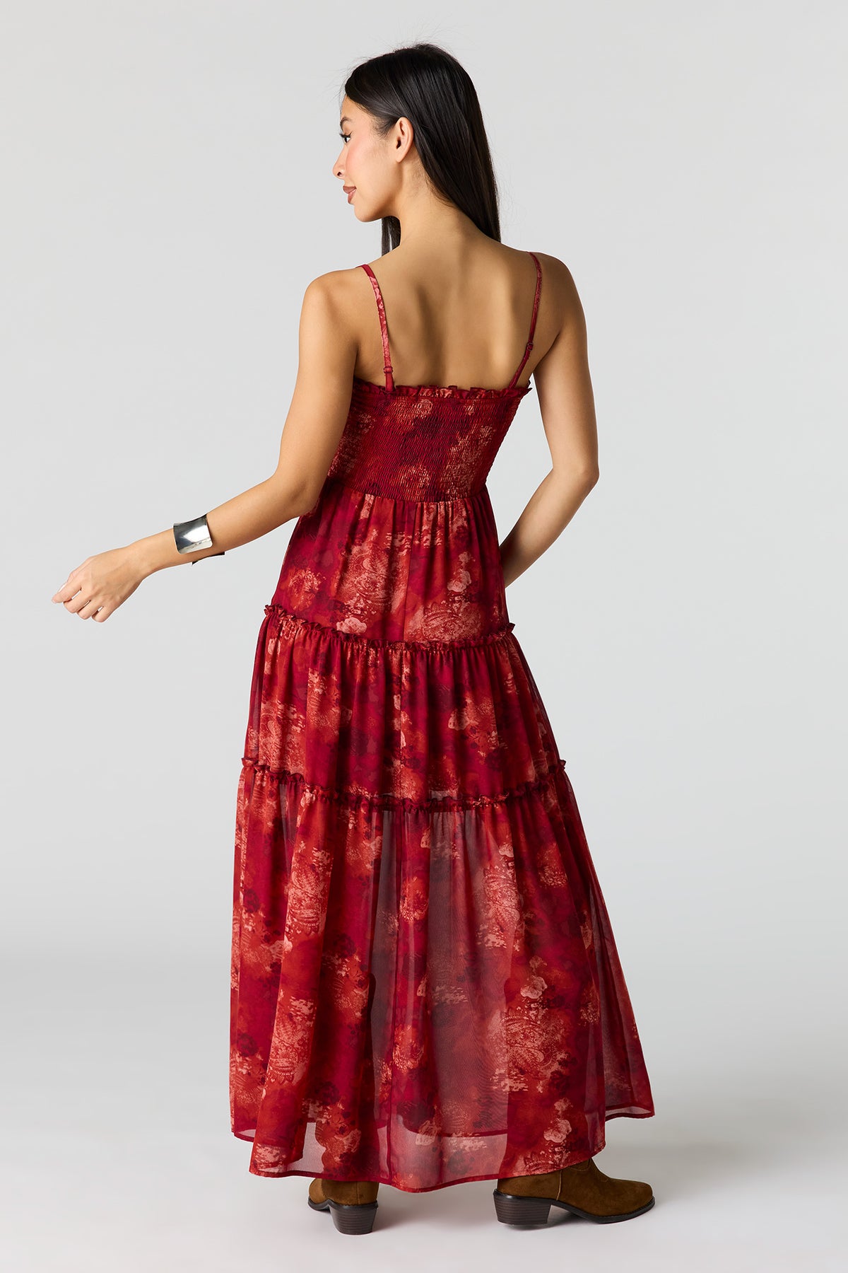 Alt View 3. Chiffon Smocked Tiered Slit Maxi Dress - Wine