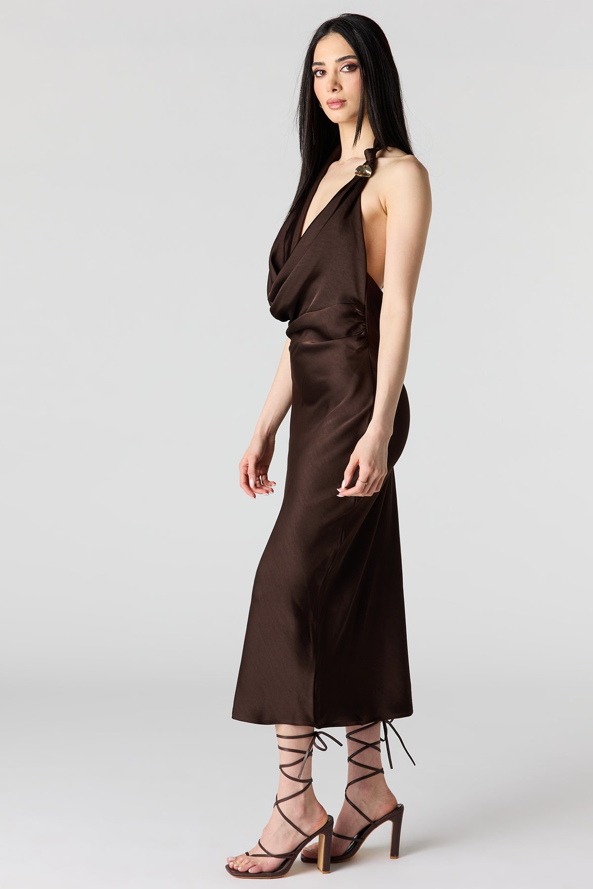 Alt View 2. Satin Cowlneck Metal Ring Midi Dress - Brown