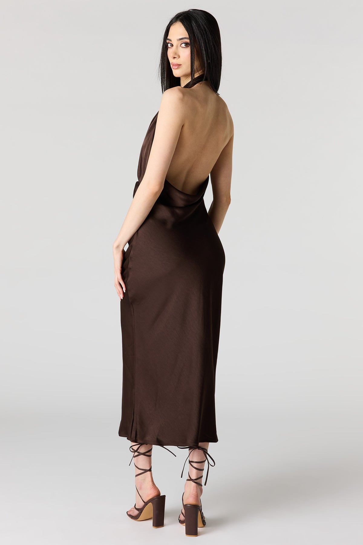 Alt View 3. Satin Cowlneck Metal Ring Midi Dress - Brown