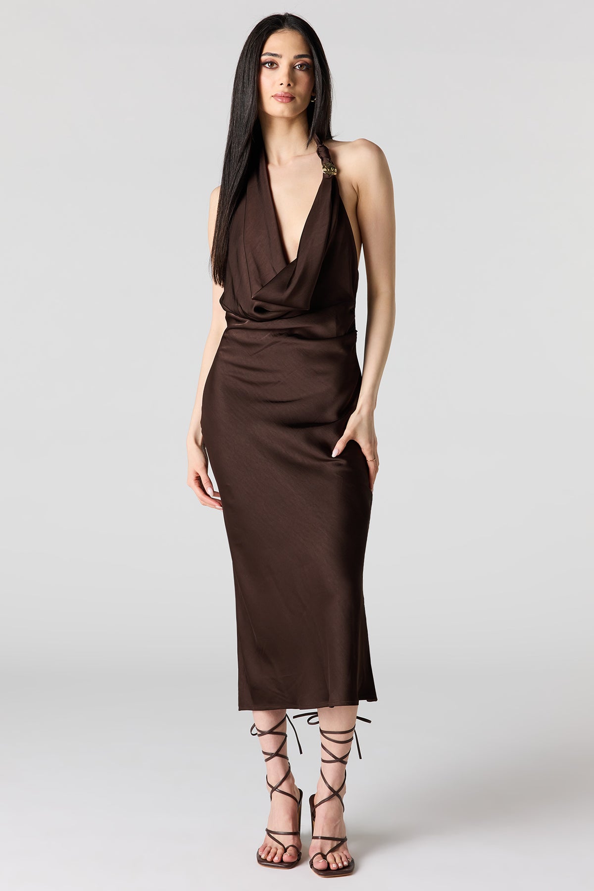 Satin Cowlneck Metal Ring Midi Dress - Brown