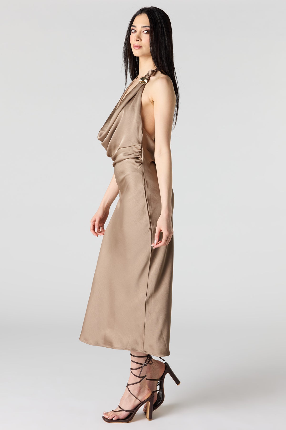 Alt View 2. Satin Cowlneck Metal Ring Midi Dress - Taupe