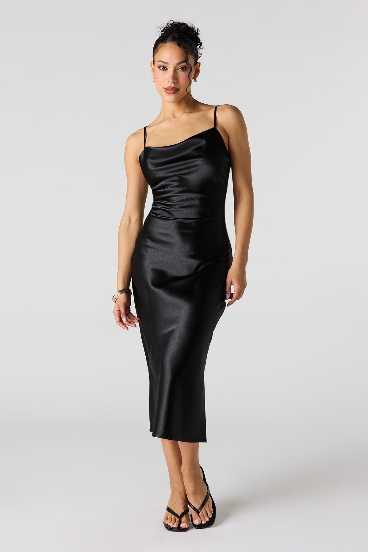 Satin Cowl Neck Midi Dress - Black