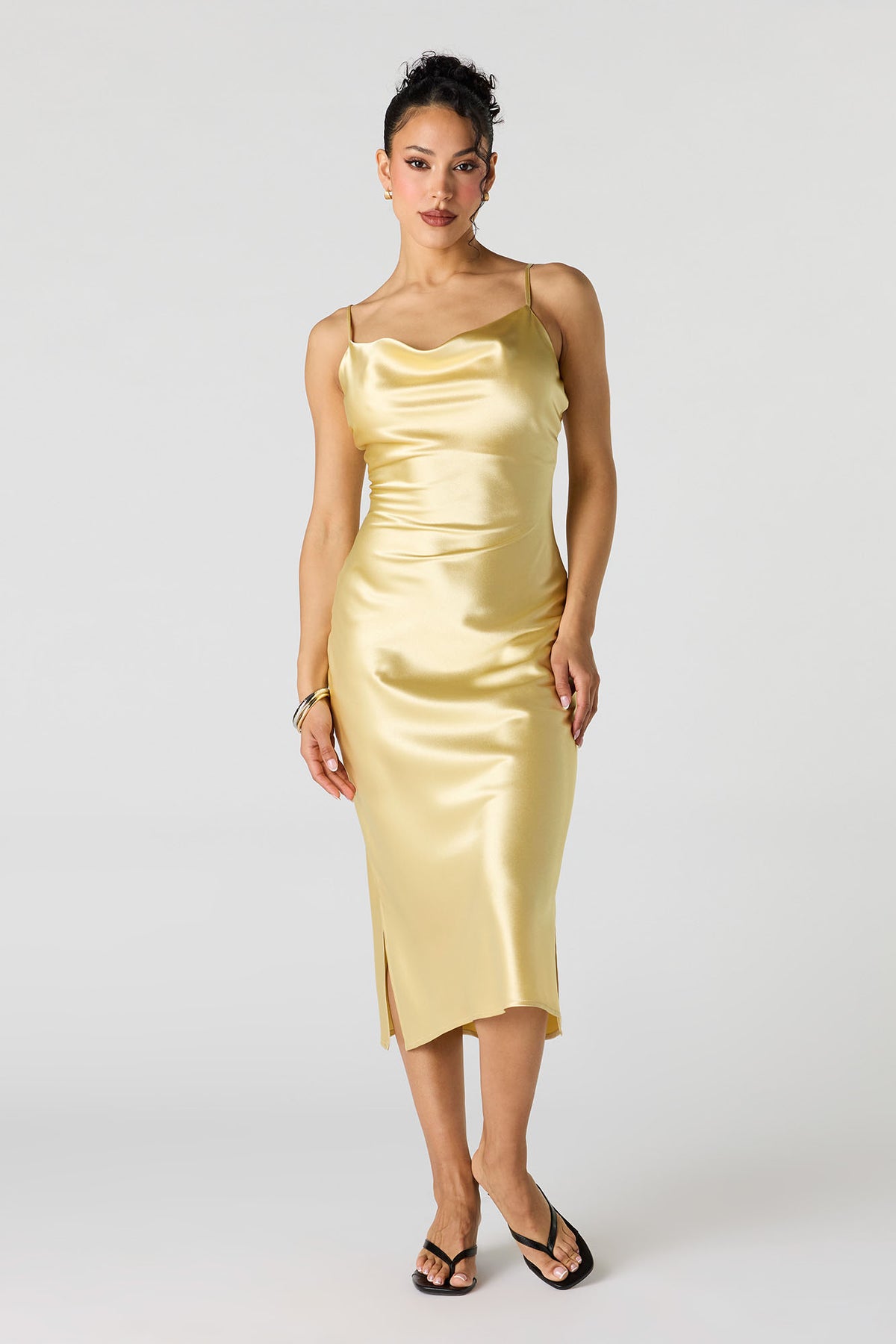 Satin Cowl Neck Midi Dress - Yellow