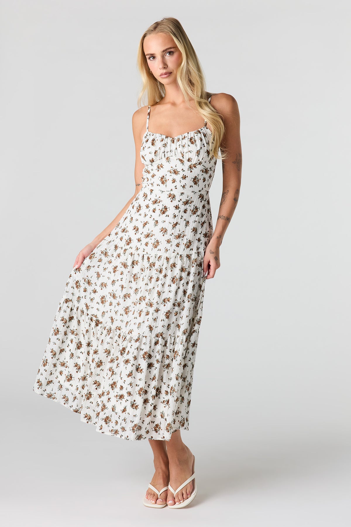 Textured Sweetheart Midi Dress - Light Brown