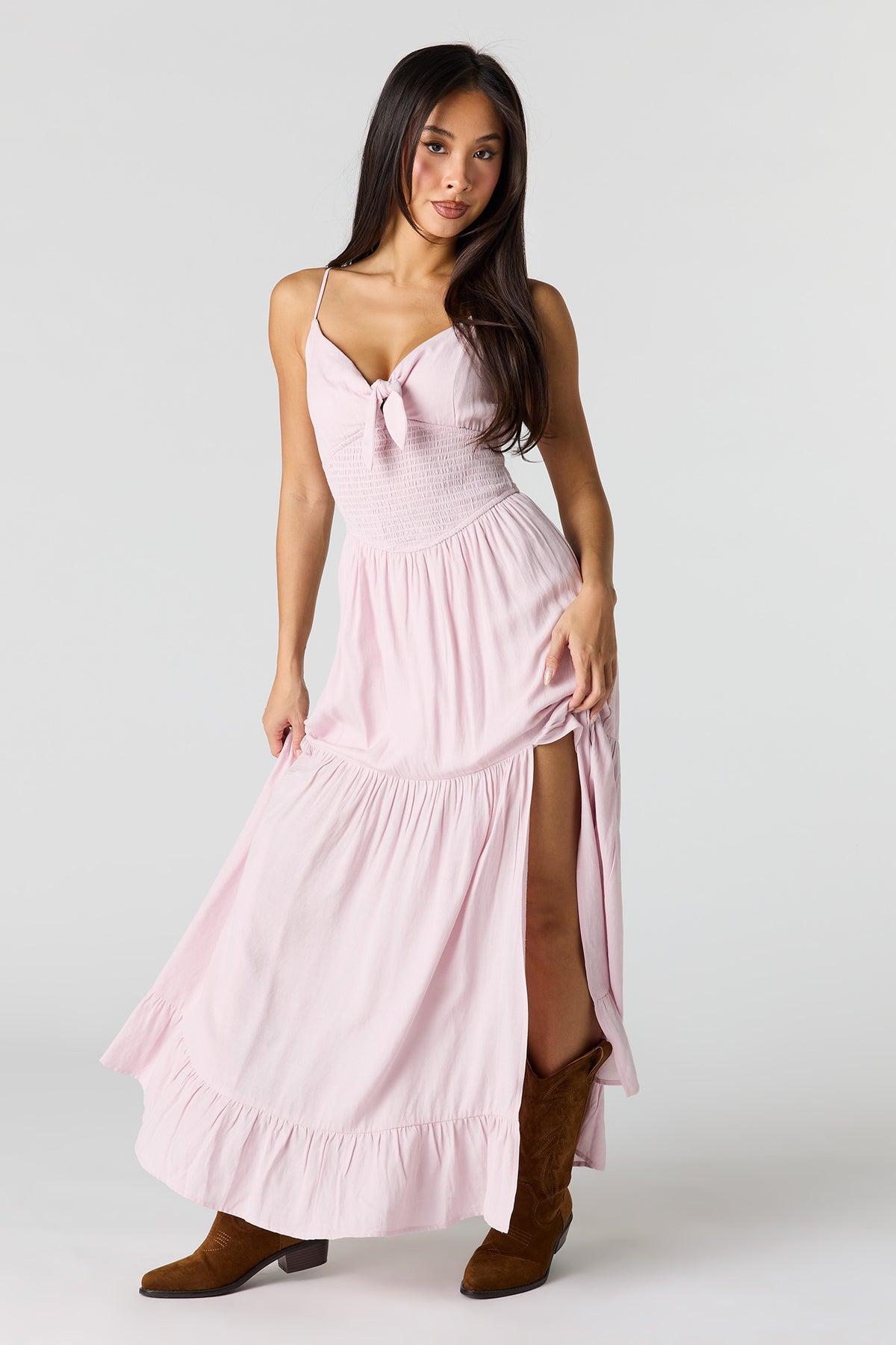 Crepe Smocked Tiered Slit Maxi Dress - Lilac