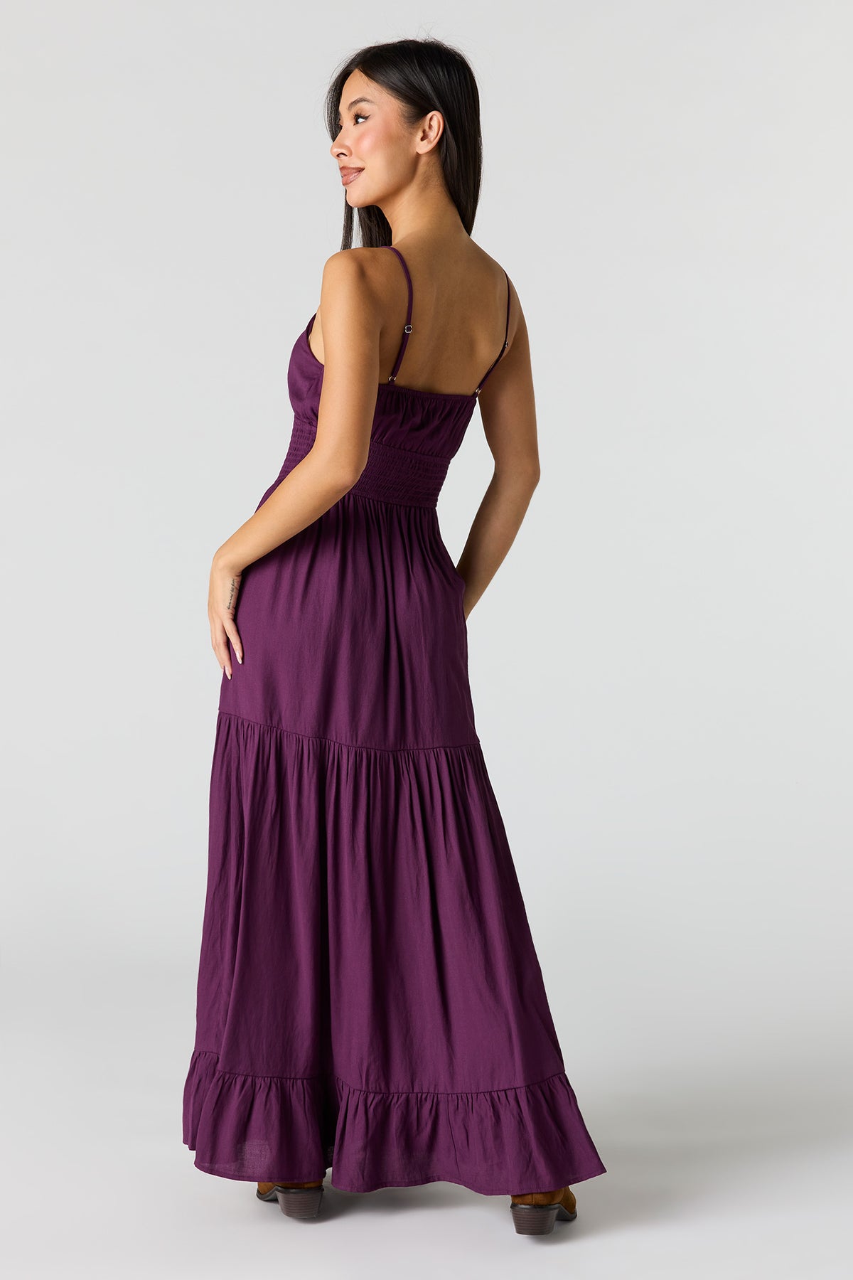 crepe tiered maxi dress Crepe Smocked Tiered Slit Maxi Dress – Urban Planet