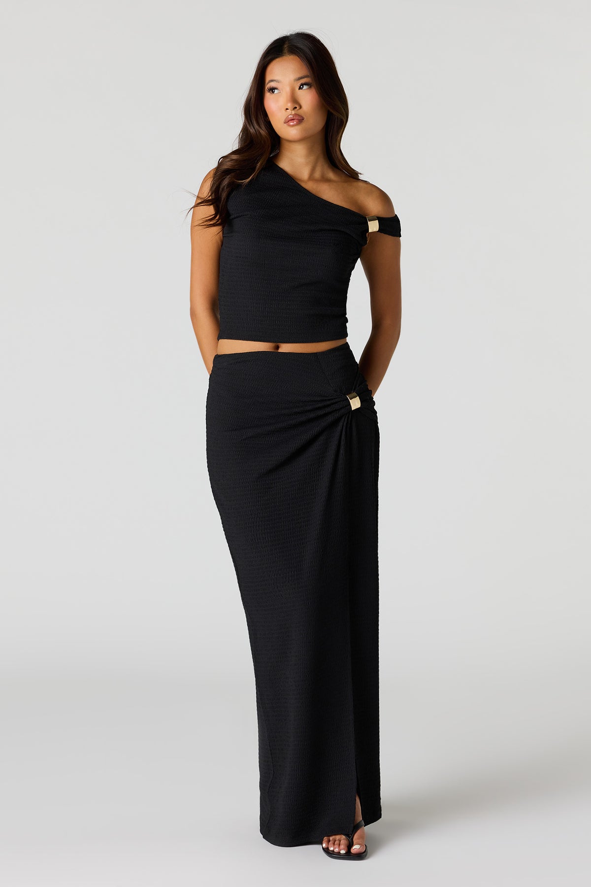 Textured Slit Maxi Skirt - Black