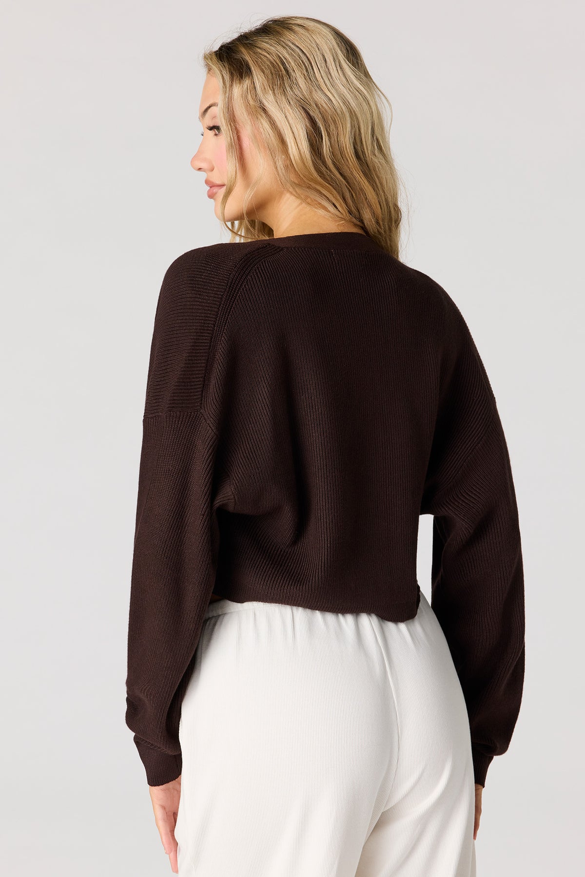 Alt View 2. Ribbed Knit Crop Cardigan - Dark Brown