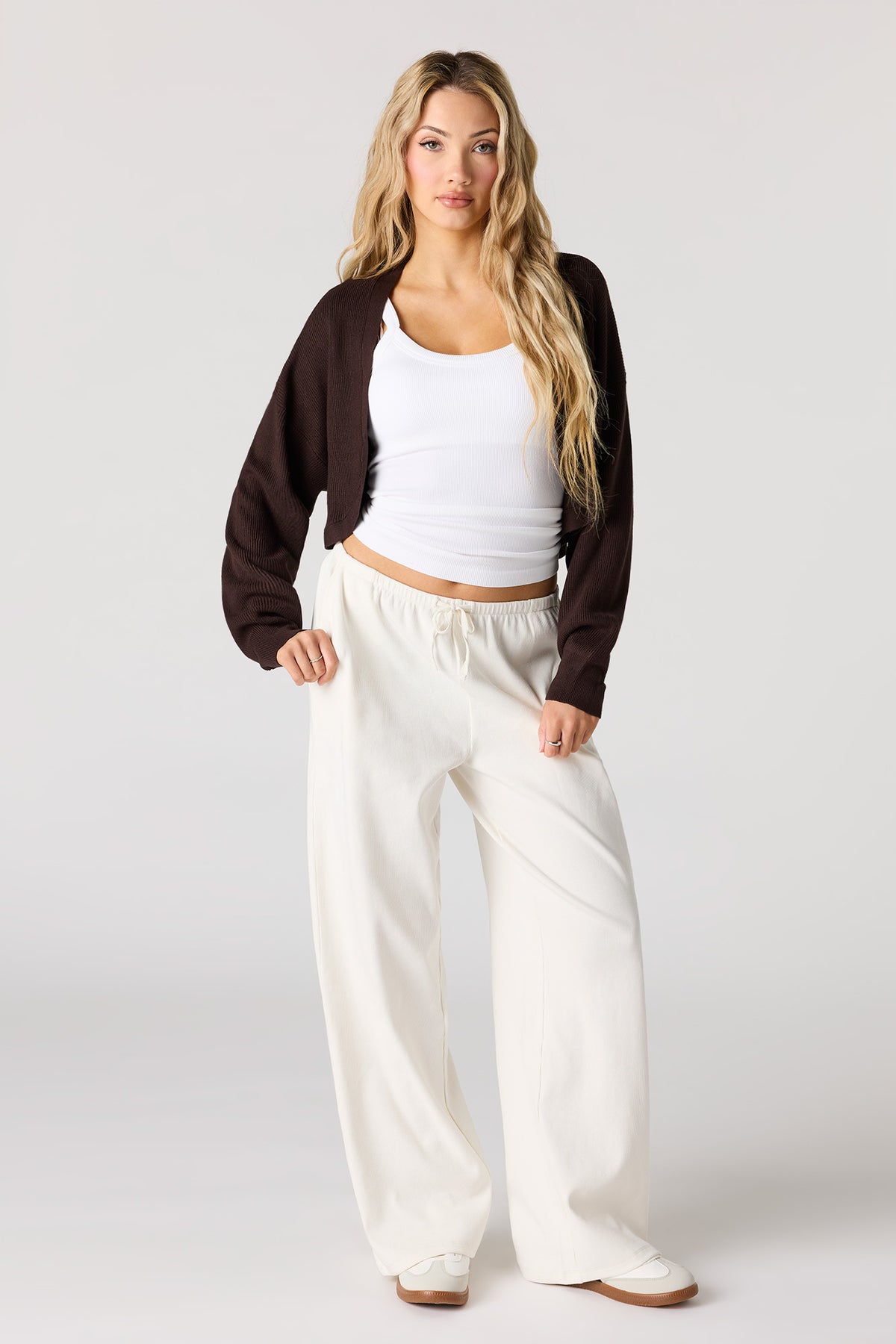 Alt View 3. Ribbed Knit Crop Cardigan - Dark Brown