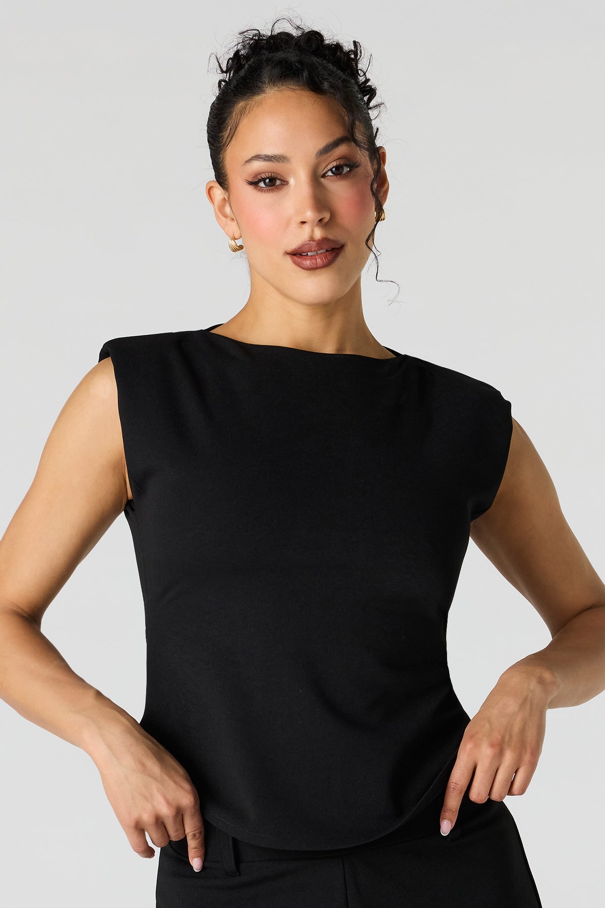 High Neck Cap Sleeve Top - Black