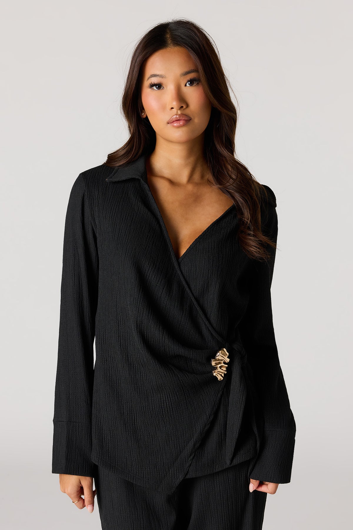 Textured Wrap Blouse - Black
