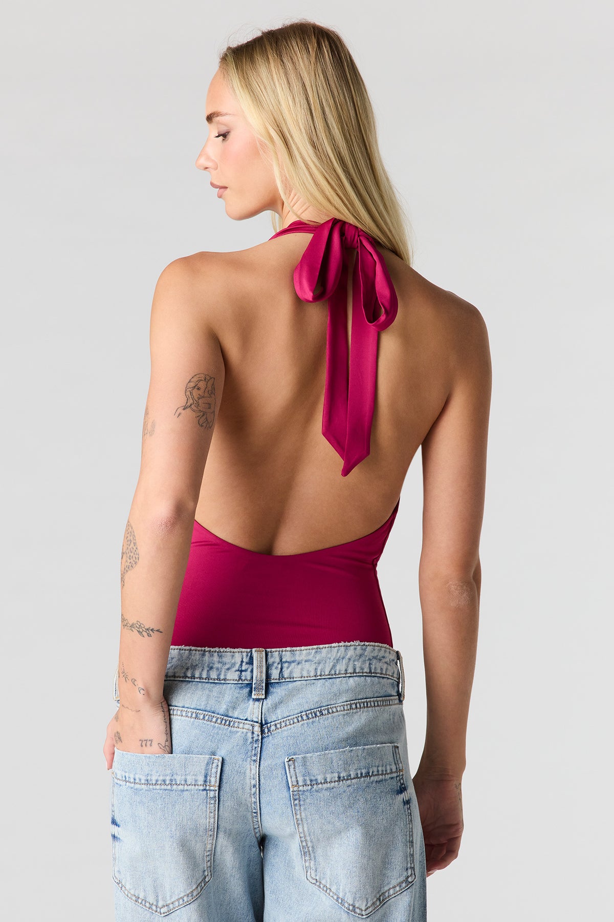 Alt View 2. Contour Cowl Halter Bodysuit - Fuchsia