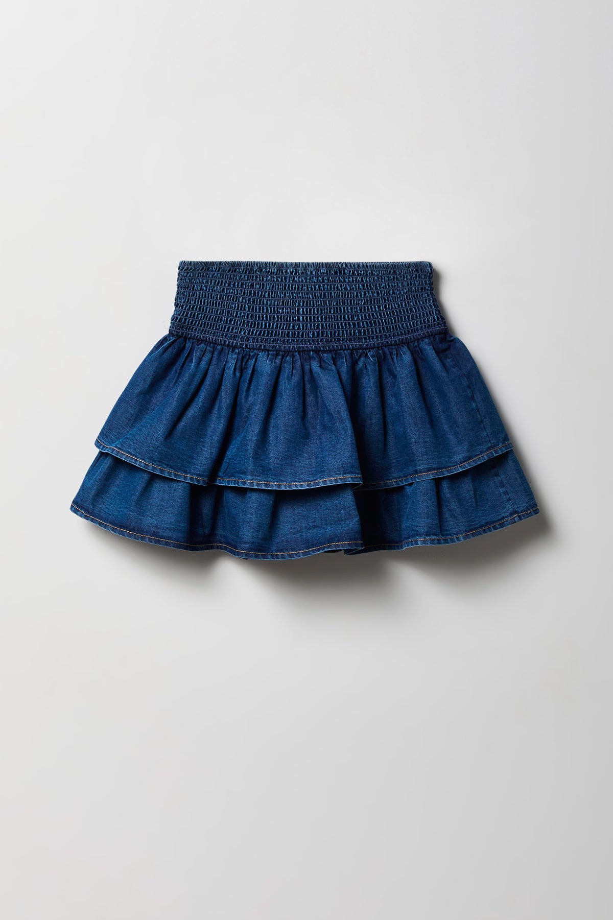 Girls Smocked Ruffle Tiered Chambray Skort - Medium Blue