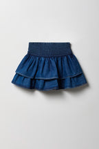 Girls Smocked Ruffle Tiered Chambray Skort