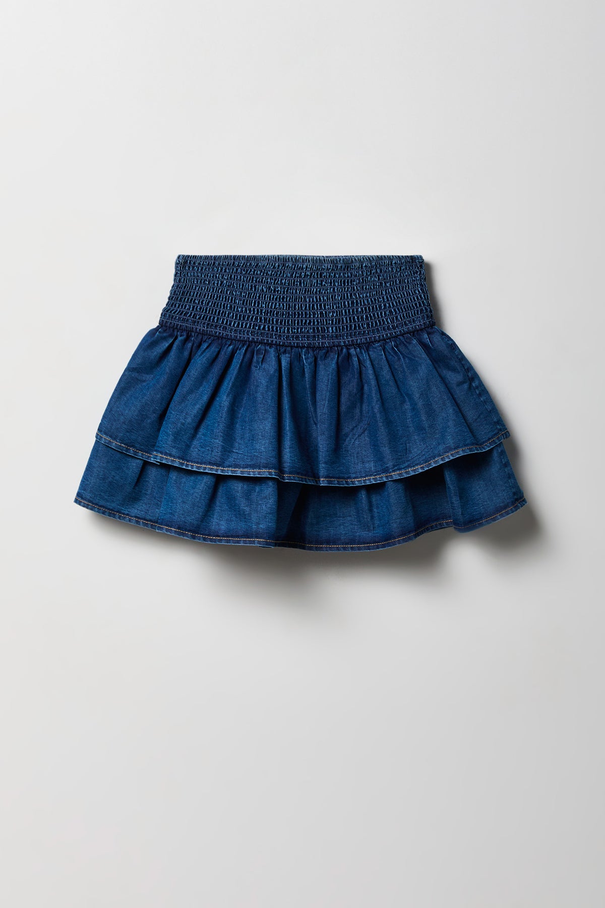 Alt View 2. Girls Smocked Ruffle Tiered Chambray Skort - Medium Blue