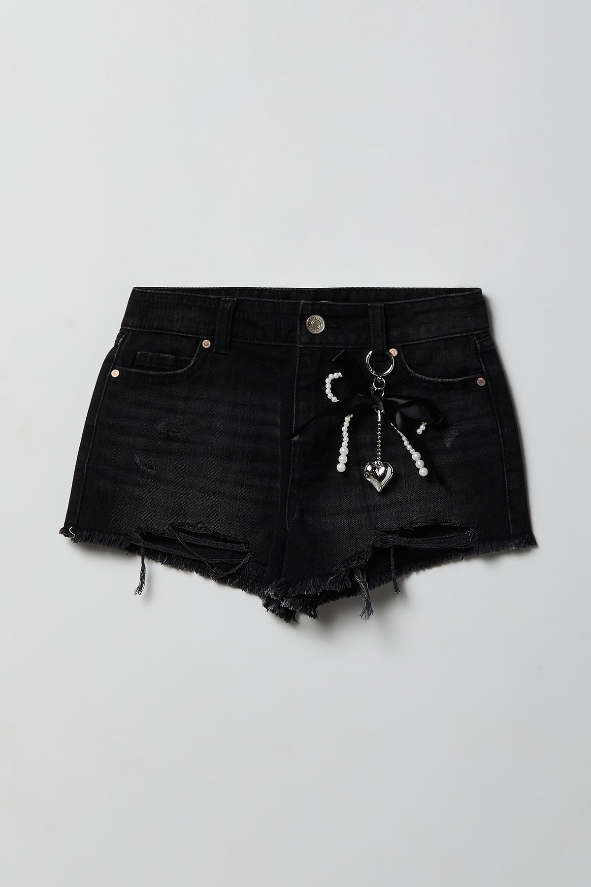 Girls Ripped High Rise Denim Short with Keychain - Black