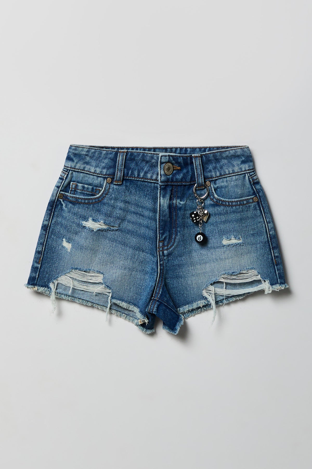 Girls Ripped High Rise Denim Short with Keychain - Medium Blue